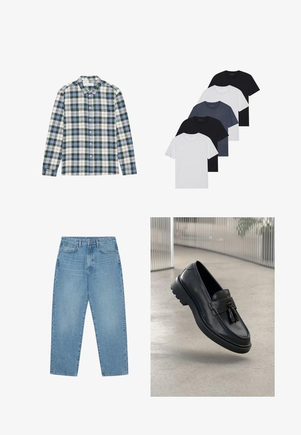 Grün-weiß karierte Hemd mit blauen Akzenten, ausgestattet mit einem Button-Down-Kragen, langen Ärmeln und einer Brusttasche. Hergestellt aus weichem Stoff.; Set aus fünf T-Shirts in Schwarz, Weiß und Marineblau. Baumwollstoff, kurze Ärmel, Rundhalsausschnitt und schlichte Textur ohne Muster.; Hellblaue Jeans aus Denim mit geradem Bein, Fünf-Taschen-Design und leicht verwaschener Textur. Mit Knopf- und Reißverschluss ausgestattet.; Schwarze Leder-Loafer mit glatter Oberfläche, dekorativem Quasten, dicker Gummisohle und abgesteppten Akzenten. Leichtes und schlankes Design.