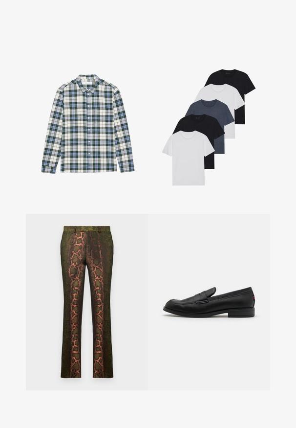 Groen en witte geruite shirt met blauwe accenten, voorzien van een button-down kraag, lange mouwen en een borstzak. Gemaakt van zachte stof.; Set van vijf t-shirts in zwart, wit en marineblauw. Katoenen stof, korte mouwen, ronde halsontwerp en een effen textuur zonder patronen.; Groene broek met een slangenprintdesign in bruin en oranje tinten, rechte snit en een gladde textuur.; Zwarte leren instappers met een gladde afwerking, ronde neus en een kleine decoratieve flap. Heeft een lage gestapelde hak en een subtiel merkteken.