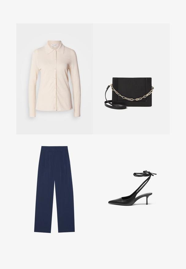 Gai bēšas krāsas ilgām piedurknēm krekls, kas izgatavots no lina, ar apkakli un pogājamu priekšpusi, tam ir gluda tekstūra un vienkāršs dizains.; Tumši zili platleņķa bikses, kas izgatavotas no mīksta auduma, ar priekšējo krokām, gludu tekstūru un taisnu piegriezumu bez redzamām kabatām.; Melnas ādas stiletto kurpes ar norādītu purngalu, atvērtu aizmuguri un potītes siksniņām, kas sasietas neglītajā mezglā. Šaurs 3 collu papēdis. Gluda tekstūra, minimālisma dizains.; Melna ādas crossbody soma ar gludu faktūru, taisnstūrveida formu un metalizētu ķēdes detaļu priekšā. Iekļauta regulējama siksna.