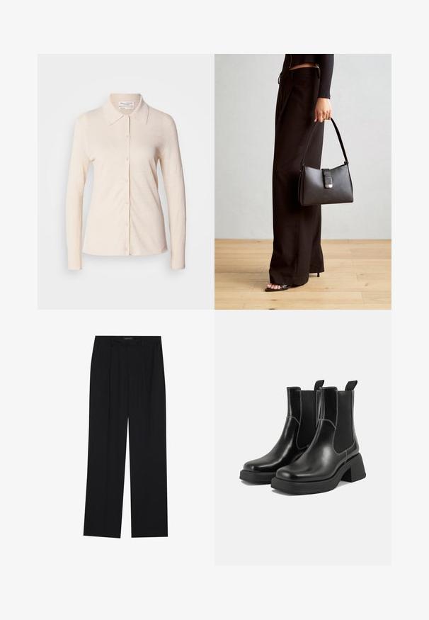 Camicetta a maniche lunghe di un leggero beige, realizzata in lino, con colletto e chiusura frontale con bottoni, caratterizzata da una texture liscia e un design semplice.; Pantaloni neri con un design a gamba dritta, dotati di due tasche frontali e di una vita. Realizzati in un tessuto morbido e leggero.; Stivali Chelsea in pelle nera con tacco spesso, pannelli elasticizzati sui lati e cuciture bianche a contrasto. Finitura testurizzata.; Borsa nera con forma strutturata, texture liscia e una chiusura metallica. Abbinata a pantaloni neri larghi e sandali open-toe su un pavimento in legno.