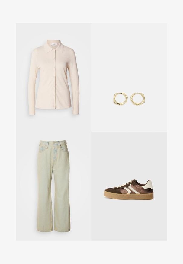 Light beige long-sleeve shirt made from linen, featuring a collar and a button-down front with a smooth texture and simple design.; Light blue wide-leg jeans made of denim, featuring a high waist, five pockets, and subtle fading with contrasting stitching accents.; Brown and cream sneakers with a combination of suede and satin materials, featuring three diagonal stripes and a textured gum sole.; Gold hoop earrings with a textured, irregular shape. Features a seamless closure and a polished surface finish, emphasizing a modern design.
