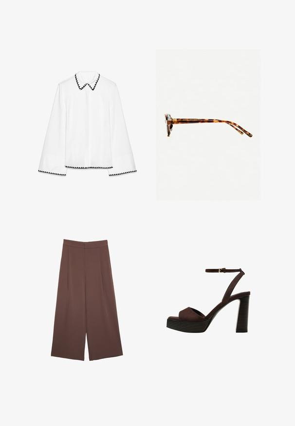Vit långärmad blus med figurnära design. Svart vågig kant längs kragen och ärmsluten, med en knappslå framtill.; Bruna vida byxor med en slät textur, som har hög midja och framfickor. Tyget är lätt och flödar löst.; Bruna mocka högklackade sandaler med öppen tå, justerbar vristrem och en randig plattformssula.; Sköldpaddsmönstrade solglasögon med en tjock ram, lätt böjda skalmar och en jämn yta. Har en klassisk design med en glansig finish.
