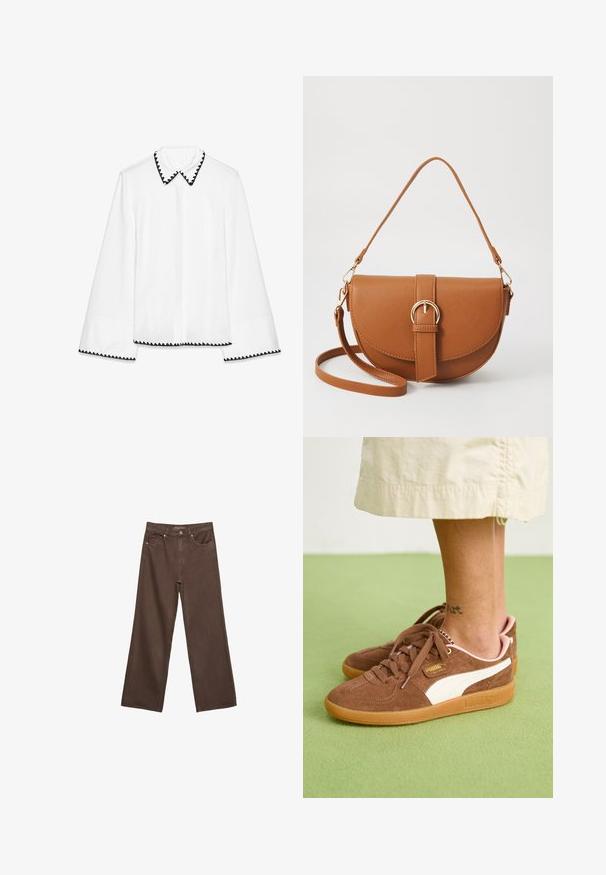 White long-sleeve blouse with a fitted design. Black scalloped trim along the collar and sleeve hems, featuring a button-down front.; Wide-leg brown jeans made of denim, featuring a high waist, front pockets, and a classic button closure. Smooth texture with subtle stitching.; Brown suede sneakers with white accent, rubber sole, and pink heel. Laces and branding detail visible. Ankle tattoo partially seen.; Brown leather crossbody bag with a curved shape, gold hardware, and a buckle accent. Features a detachable shoulder strap.