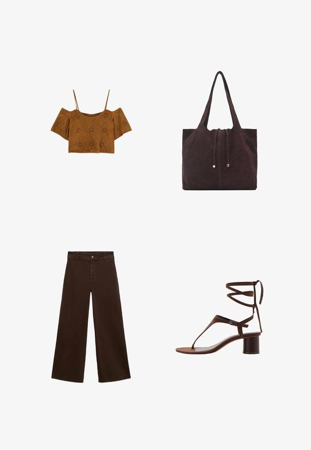 Crop top marron à manches courtes en suède avec des épaules dénudées, présentant des découpes en forme de diamant et des perforations florales pour la texture et le détail.; Pantalons large en coton mélangé, couleur marron, avec un ourlet effiloché, une fermeture à bouton à l'avant et un design classique à cinq poches. Minimaliste et polyvalent.; Sandale à talons hauts en suede marron avec une bride en forme de triangle, des liens à la cheville et un talon bloc texturé pour la stabilité.; Mango Cabas - dark brown