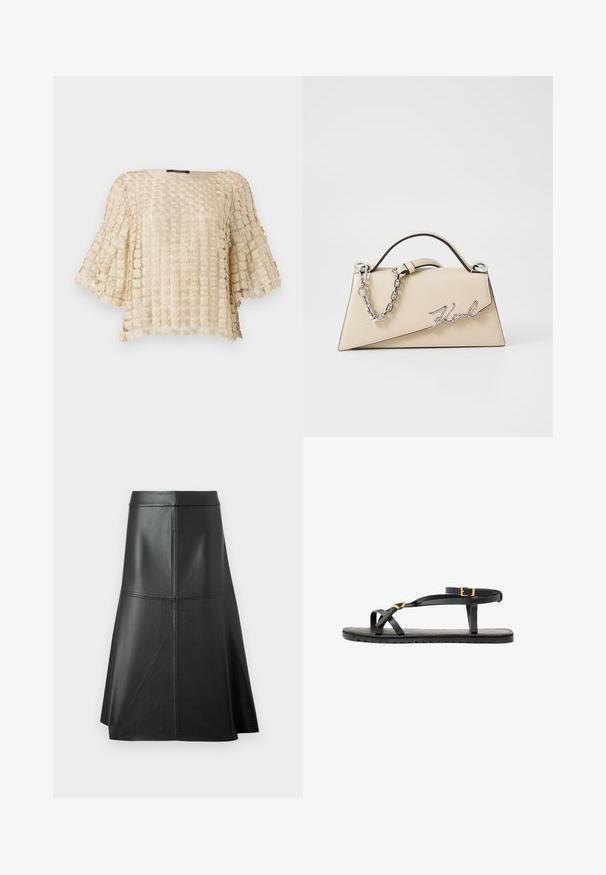 Beige blouse with a textured floral pattern, featuring wide sleeves and a rounded neckline. Made of lightweight, embroidered fabric.; Black leather A-line skirt, smooth texture, mid-calf length, features horizontal stitching detail at the waist and seams for added structure.; Black leather sandals with thin straps and a buckled ankle strap. Flat sole with a textured finish and zigzag edge. Minimalist design.; Beige leather handbag with a structured, triangular shape, featuring a silver chain handle and a cursive logo in metal.