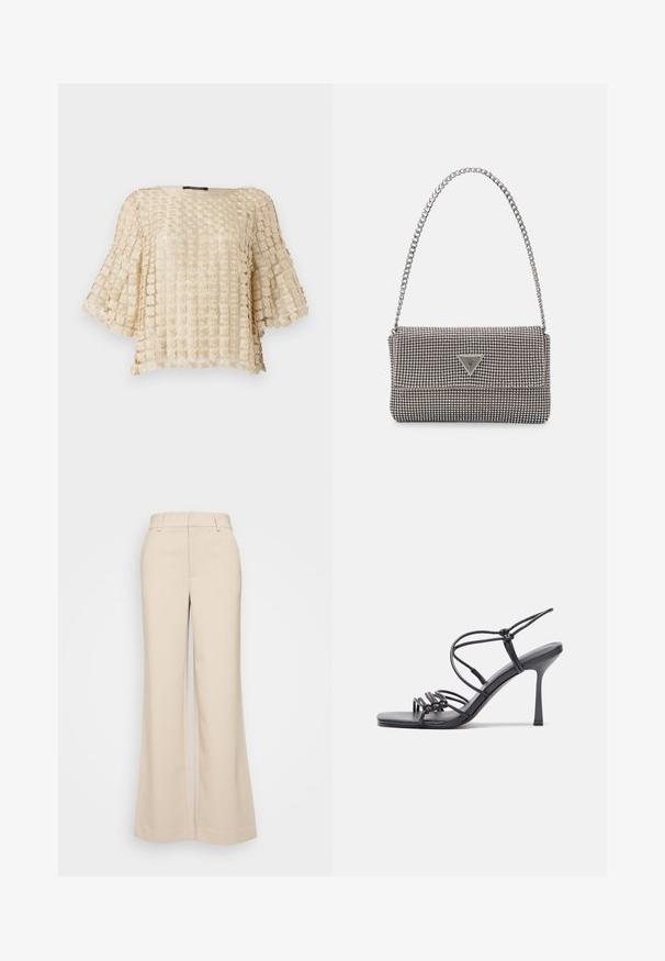 Beige blouse with a textured floral pattern, featuring wide sleeves and a rounded neckline. Made of lightweight, embroidered fabric.; Beige wide-leg trousers with a smooth texture, featuring a high waistband and two front pockets. Clean design with a tailored fit.; Black high-heeled sandals feature thin straps with a knotted design, a smooth square toe, and a sleek stiletto heel.; Light gray metallic handbag featuring a chain strap, embellished with small circular metallic studs and a triangular brand logo.