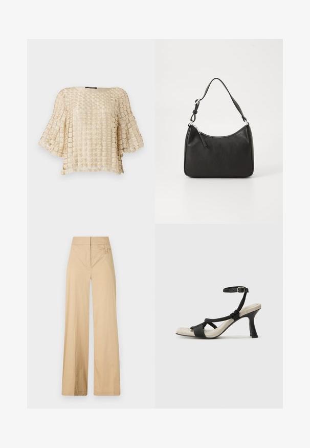 Beige Bluse mit einem strukturierten Blumenmuster, mit weiten Ärmeln und einem runden Ausschnitt. Hergestellt aus leichtem, besticktem Stoff.; Beige weite Hosen aus Baumwollmischgewebe. Sie haben eine glatte Textur, einen elastischen Bund und eine seitliche Knopfdetail.; Schwarze Absatzsandale mit geflochtenem Riemendesign, quadratischer Spitze und verstellbarem Knöchelriemen. Helle beigefarbene Sohle mit glänzendem schwarzen Absatz.; Schwarze Lederhandtasche mit geschwungener Form, einem einzigen Tragegurt, Reißverschlussverschluss und dezentem Branding auf der Vorderseite. Glatte Textur, minimalistisches Design.