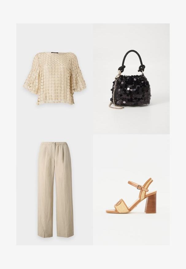 Blusa beige con un motivo floreale testurizzato, caratterizzata da maniche ampie e scollo rotondo. Realizzata in un tessuto leggero e ricamato.; Pantaloni beige a gamba larga realizzati in tessuto morbido con vita elastica arricciata e chiusura con bottone frontale. Tessuto liscio con pieghe.; Sandali con tacco in pelle marrone e paglia intrecciata, con cinturino alla caviglia, punta aperta e tacco spesso simile al legno con strisce orizzontali.; Mini borsa a tracolla nera in paillettes con una tracolla texturizzata annodata e catena argentata. Forma rotonda con parte superiore arricciata e dettagli riflettenti.