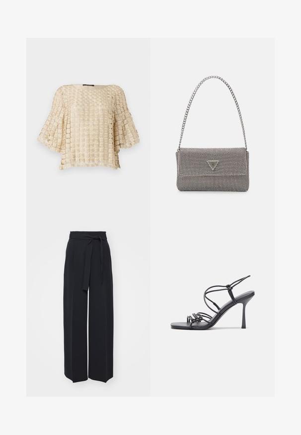 Blouse beige avec un motif floral texturé, dotée de manches larges et d'un décolleté arrondi. Fabriquée en tissu léger brodé.; Pantalons noirs à jambes larges en tissu doux. Dotés d'une taille ceinturée et de plis avant. Texture lisse avec un design épuré et contemporain.; Des sandales noires à talons hauts avec des fines lanières au design noué, un bout carré lisse et un talon aiguille élégant.; Sac à main en métal gris clair avec une bandoulière en chaîne, orné de petits clous métalliques ronds et d'un logo de marque triangulaire.; Boucles d'oreilles créoles en argent avec une surface lisse et brillante, présentant une forme incurvée et une fermeture à tige. Design minimaliste avec une finition moderne.