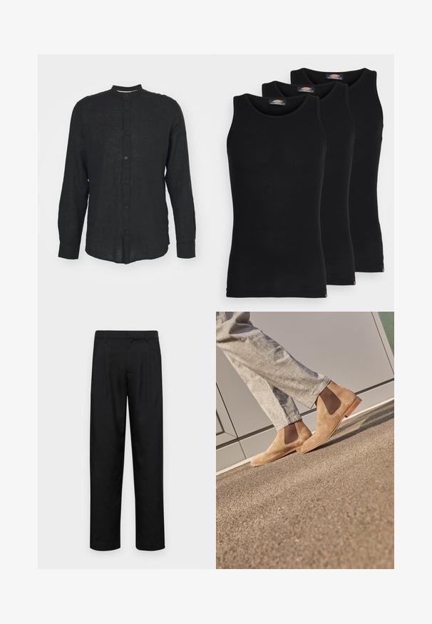 Only & Sons ONSCAIDEN MAO - Shirt - schwarz; Black tank tops in a pack of three. Ribbed texture, standard crew neckline, no sleeves. Hem features small brand logo at the bottom.; Black trousers made of smooth fabric, featuring a straight-leg design, two front pleats, and standard waistband with belt loops.; Brown suede Chelsea boots with elastic side panels and a smooth tan rubber sole, paired with light gray trousers on a textured surface.