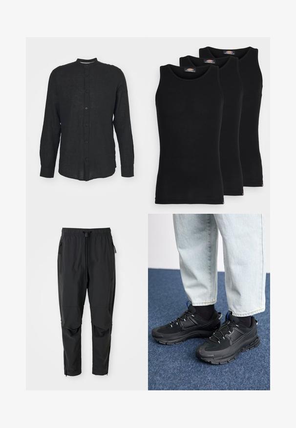 Only & Sons ONSCAIDEN MAO - Košile - schwarz; Černé tílka v balení po třech. Žebrovaná textura, standardní kulatý výstřih, bez rukávů. Spodní lem má malé logo značky.; Černé lehké kalhoty s elastickým pasem, šňůrkou na stažení, bočními kapsami na zip, anatomicky tvarovanými koleny a zipy na kotnících.; Černé sportovní boty s texturovanou tkaninou a gumovou podrážkou, s elastickými tkaničkami a modrým akcentem na patě. Nosí se s světlými džíny.