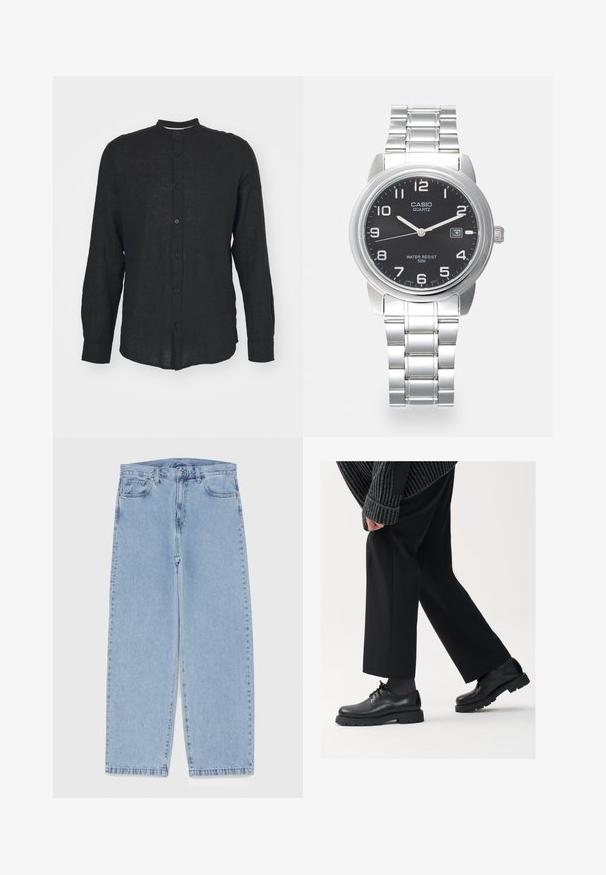 Only & Sons ONSCAIDEN MAO - Shirt - schwarz; Light blue denim jeans with straight leg design, featuring a mid-rise waist, five pockets, and a button and zipper closure.; Black leather shoes with a rounded toe, lace-up design, and thick, textured sole. Worn with tailored black trousers and a ribbed sweater.; Quartz watch with a silver stainless steel bracelet, round black face, white hour markers, and a date display at 3 o'clock. Water-resistant to 50m.