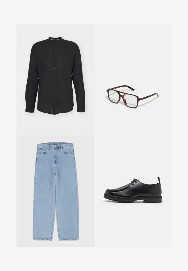 Only & Sons ONSCAIDEN MAO - Button down-skjorte - schwarz; Lyseblå denimjeans med rett ben-design, med mid-rise liv, fem lommer og knap og lynlås lukning.; Svarte lær snøreleste sko med en robuste såle og en trekkesløyfe på hælen, vist fra siden på en hvit bakgrunn.; Brune og oransje tortoiseshell-mønstrede briller med rektangulære linser, svarte og oransje rammer, med en blank overflate og slanke stenger.; Brun lær messenger bag med en flat frontklaff, to stropper, gullfargede detaljer og en justerbar skulderrem.