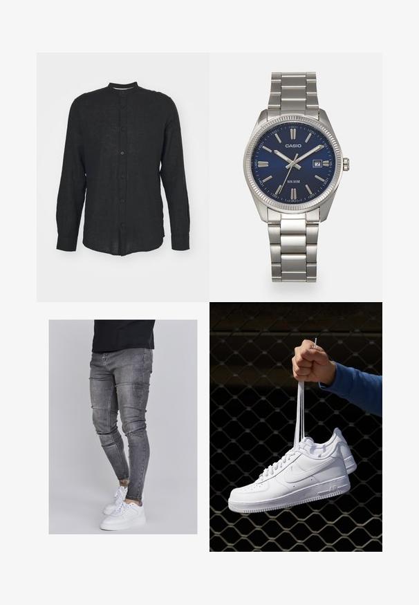 Only & Sons ONSCAIDEN MAO - Chemise - schwarz; Jeans skinny en denim gris délavé, présentant des détails déchirés au niveau des genoux, associés à des sneakers blanches. Texture lisse, design ajusté.; Baskets en cuir blanc avec perforations, à bout rond, semelle plate et lacets épais, arborant un logo swoosh visible et "AIR" sur le talon.; Montre-bracelet en acier inoxydable argenté avec un cadran bleu marine, des index métalliques et un affichage de la date à 3 heures. Résistante à l'eau jusqu'à 50 mètres.