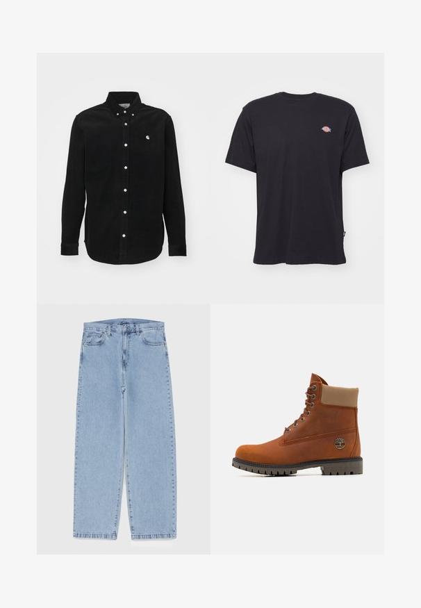 Schwarzes Cordhemd mit Button-Down-Kragen. Verfügt über weiße Knöpfe und ein kleines Logo auf der Brust. Lange Ärmel mit knöpfbaren Manschetten.; Schwarzes Baumwoll-T-Shirt mit kurzen Ärmeln, rundem Halsausschnitt und kleinem buntem Logo auf der linken Brust. Besitzt einen geraden Saum.; Hellblaue Jeans aus Denim mit geradem Bein, ausgestattet mit einer mittelhohen Taille, fünf Taschen sowie einem Knopf- und Reißverschluss.; Timberland Schnürstiefelette - medium orange