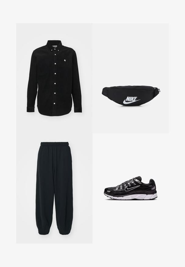 Fekete korduris ing begombolt gallérral. Fehér gombokkal és egy kis logóval a mellrészen. Hosszú ujjakkal, gombos mandzsettával.; Fekete, rugalmas derékpántos melegítőnadrág, laza fit, véget érő szárakkal, sima textúrával, látható minták vagy hardver díszek nélkül.; Fekete hálós sportcipők fehér talppal, textúrázott mintával, fényvisszaverő részletekkel és több átfedő pánttal a támogatás érdekében.; Fekete nylon övtáska cipzáras záródással, nagy fehér Nike logóval. Simma textúra és ergonómikus kialakítás a kényelmes viselet érdekében.