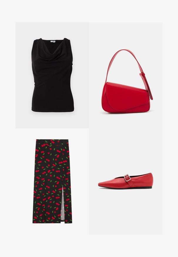 Top negru fără mâneci cu decolteu drapat, realizat dintr-un material moale. Formă ajustată cu o ușoară plisare la umeri și pe laturi.; Fustă neagră cu imprimeu de cireșe, având cireșe roșii și frunze verzi. Include o taietura laterală pentru un detaliu de design suplimentar.; Pantof cu toc plat din piele roșie, cu vârful ascuțit, având o curea laterală cu cataramă metalică și un toc negru scăzut. Textură netedă pe toată suprafața.; Geantă de mână din piele roșie, cu un design unghiular și geometric. Dispune de o singură curea ajustabilă și un sistem de închidere cu clapetă, cu detalii cusute.
