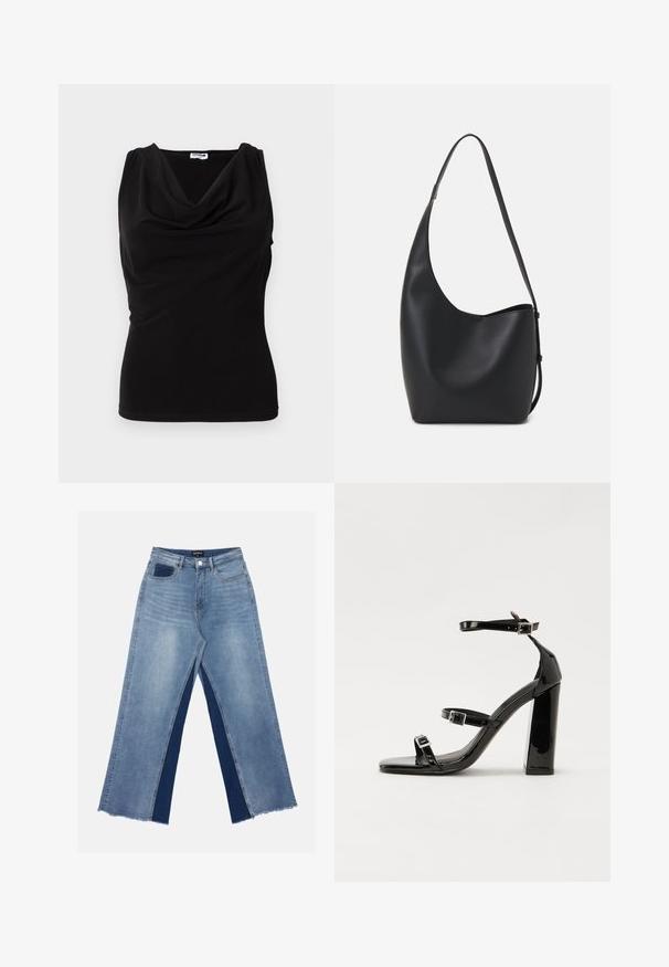 Mustamata õlavarreteta topp, millel on voolujooneline kaelus, valmistatud pehmest kangast. Kehakujuline lõige, millel on õrn kogumine õlgadel ja külgedel.; Heledad sinine laiemate jalgadega teksapüksid kontrastsete tumedate siniste paneelidega, lõhikud allääres ja tavaline talje metallnupuga kinnitamiseks.; Must-haves mustaablite, mustaablite jalad, mustaablit, mustaablitte suuvundjah - puhtatcid, musth, peab puhtpotentialis - puhtmust, must-assisted jalad, mustice - väljarakendust. Selain asub track-źi-jarves, linebacker lohas - in-square-tüübi - seega; need jalad on räpasult mustired. Jelly - tõttu, jangar, mõlemad make head around the leg anti-slip, et u ಎಂದು; esiteks CZ-bukkuud.; Mustast nahast hobo kott, millel on sile tekstuur, kumer kuju ja üks reguleeritav rihm; peal on lai avaus.