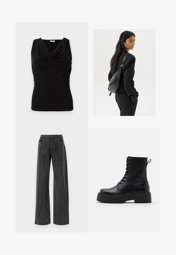 Crna bezrukavna majica s drapiranim dekolteom, izrađena od mekog materijala. Ukrojena forma s suptilnim naborima na ramenima i stranama.; Noisy May NMJANNEL LOOSE - Traperice opuštenog kroja - black denim; Crne kožne gležnjače s okruglim vrhom, vezanjem sprijeda i debelim gumenim potplatom s teksturiranim uzorkom. Tipa: traka za vuču na stražnjoj strani.; Žena s dugom tamnom kosom koja nosi crno odijelo, drži crnu kožnu torbu preko ramena i gleda unazad na bijeloj pozadini.; Srebrne okrugle naušnice s minimalističkim dizajnom. Kružni oblik, glatka tekstura i tanak profil. Lagane s poliranim završetkom.
