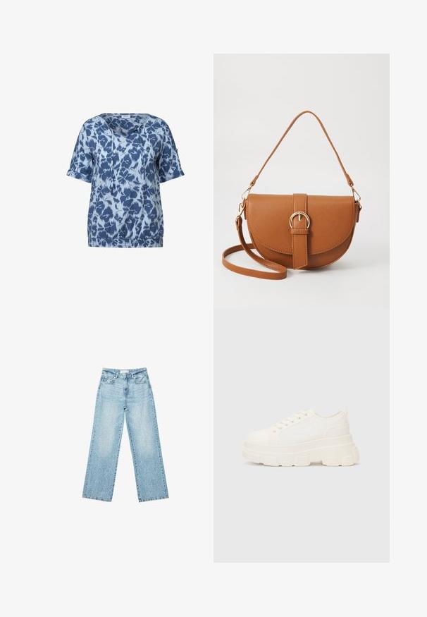 Blaues Kurzarmoberteil mit einem abstrakten Muster in verschiedenen Blautönen, ausgestattet mit einem V-Ausschnitt, einer Kordelzug-Detail und einem elastischen Saum.; Helle blaue Denim-Jeans mit weitem Bein und hoher Taille, im lässigen Look mit einem ausgewaschenen Finish und kleinen, verstreuten Used-Effekten.; Weiße Leinensneaker mit einer massiven Sohle, abgerundeter Spitze und fünf Ösen für Schnürsenkel. Hinterer Tab für ein einfaches Anziehen. Glatte Textur, minimalistisches Design.; Braune Leder-Crossbody-Tasche mit geschwungener Form, goldfarbenen Beschlägen und einer Schnallenakzentuierung. Verfügt über einen abnehmbaren Schultergurt.