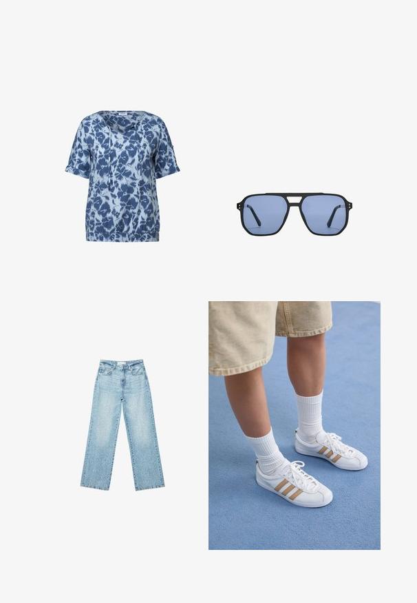 Sinine lühikeste varrukatega topp, millel on erinevates sinistes toonides abstraktne muster, V-kaelus, nöörid ja elastne allserv.; Vaaleansiniset leveälahkeiset farkut korkealla vyötäröllä, joissa on haalistunut pesu ja pieniä, satunnaisia kulumisia ympäriinsä.; Valkoiset tennarit, joissa on kolme kultasta raidat, nauhakiinnitys, kumipohja, yhdistettynä ribbatun valkoisen sukan ja beigen shortsien kanssa sinisellä pinnalla.; Stradivarius RETRO - Aurinkolasit - light blue