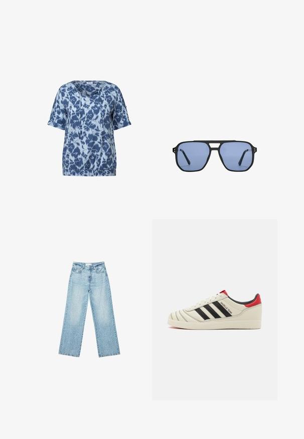 Blå kortærmet top med et abstrakt mønster i varierende nuancer af blå, med V-udskæring, snore detaljer og elastisk kant.; Lyseblå denim bukser med bred benvidde og høj talje, præget af en falmet vask og små, spredte slidte detaljer overalt.; Cremefarvede lædersneakers med sorte striber, røde hælindlæg og teksturerede detaljer. Har en gummisål og snørelukning.; Stradivarius RETRO - Solbriller - light blue