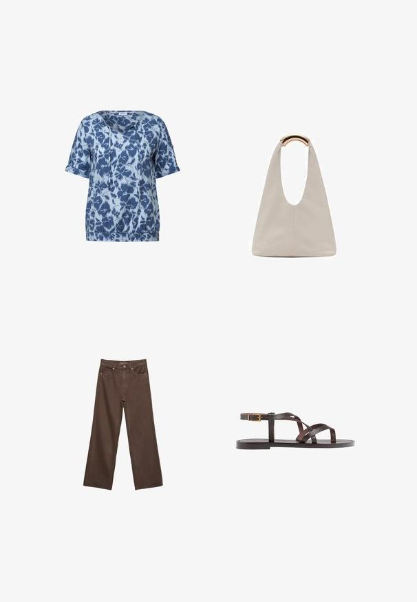 Blå kortærmet top med et abstrakt mønster i varierende nuancer af blå, med V-udskæring, snore detaljer og elastisk kant.; Bredde ben brun denim jeans med høj talje, forlommer og klassisk knaplukning. Glat tekstur med diskret syninger.; Brune lædersandal med krydsende stropper, ankelspænde og en flad sål med minimale syninger.; Lysegrå lædertaske med et U-formet design og et buet metallisk håndtag. Glat tekstur med minimal syning og ingen synlige mønstre.