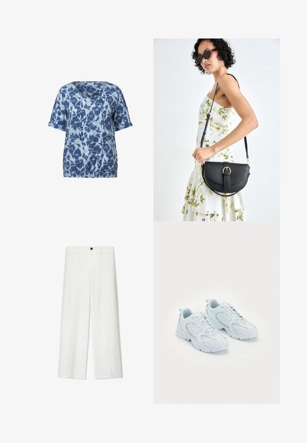 Blå kortærmet top med et abstrakt mønster i varierende nuancer af blå, med V-udskæring, snore detaljer og elastisk kant.; Hvide, brede bukser med en glat tekstur, der har en frontknaplukning og bæltesløjfer, skræddersyet til en afslappet pasform.; Lyseblå atletik sko med en overdel af mesh og syntetisk materiale, der har hvide prikker og reflekterende detaljer, snørebåndsdesign og polstrede såler.; Sort læderhåndtaske med en buet form, aftagelig rem og guldfinish. Tasken har en klap med en spænde detalje.