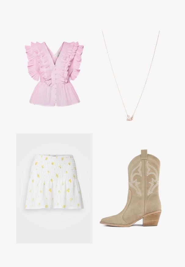 Blusa rosa claro con mangas acampanadas y escote en V. Tiene un cierre de botones en el frente y un corsé ajustado que se ensancha en un estilo peplum.; Falda blanca con textura fruncida y patrón floral amarillo. El dobladillo es acampanado, creando una silueta suelta.; Bota de vaquero de ante beige con punta puntiaguda, costuras blancas decorativas, caña alta y tacón apilado de madera.; Collar de oro rosa con un colgante de cisne, adornado con cristales transparentes. La cadena presenta un diseño de eslabones delicados.