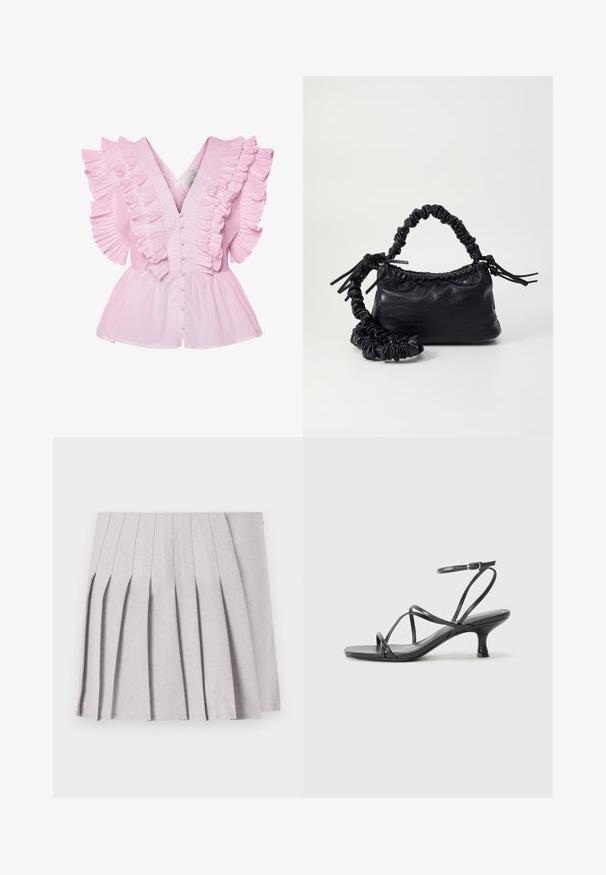 Bluză roz deschis cu mâneci volan și decolteu în V. Are un închidere cu nasturi în față și o talie ajustată care se lărgește într-un stil peplum.; Fustă plisată gri, cu o textură netedă, având multiple plii verticale și o talie ajustată. Fabricată din material ușor.; Sandale negre cu toc înalt, cu curele subțiri, design cu vârf deschis și un toc mic, evazat. Materialul pare neted și lucios.; Geantă din faux leather neagră cu textură de crocodil, cu partea superioară strânsă și o curea mototolită. Pare moale și compactă ca design.