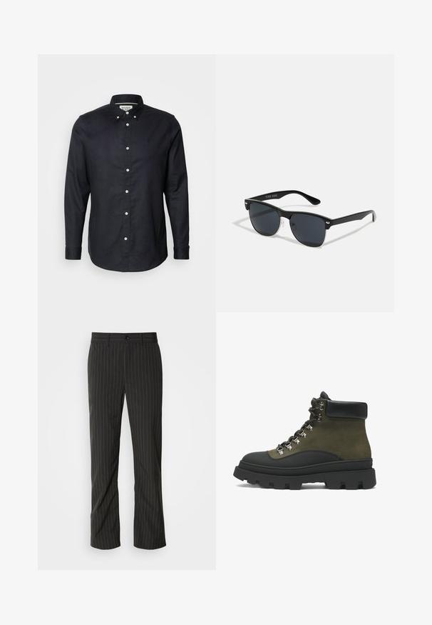 Scotch & Soda CORE OXFORD SOLID - Hemd - black; Schwarze, gestreifte Stoffhose mit geradem Schnitt. Sie hat eine glatte Textur, einen Frontknopfverschluss und Gürtelschlaufen.; Marc O'Polo HIKER - Schnürstiefelette - forest; Schwarze Sonnenbrille mit rechteckiger Form, dunklen Gläsern, silbernen Akzenten an den Bügeln und mattierter Oberfläche des Rahmens.