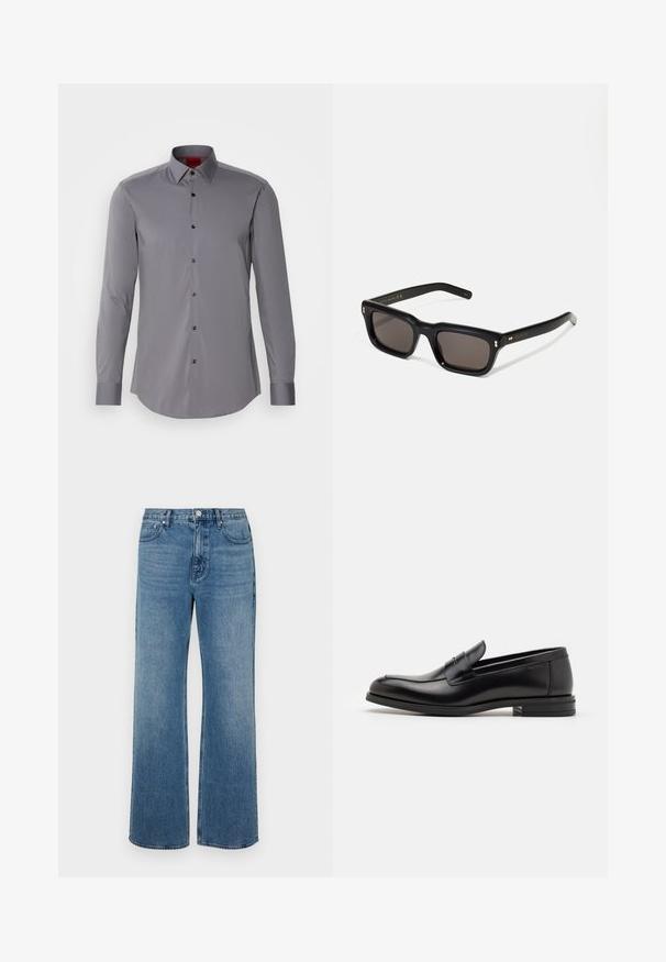 Pilkas ilgomis rankovėmis marškinis, pagamintas iš sklandžios medžiagos, su mygtukų užsegimu ir juodais mygtukais, sukurtas su lenktu apačiu ir pritaikytu siluetu.; Platus blaujos džinsai, pagaminti iš dėvėtos džinsinio audinio. Sukurtas su penkiomis kišenėmis, priekiniais sagčių uždarymu ir tiesiu kirpimu.; Juodos odinės loafers, turinčios lygų paviršių, apvalią noselę ir dekoratyvinę juostą per priekinę dalį. Žemas krentantis kulnas, minimalistinis dizainas.; Juodos stačiakampės akinių nuo saulės su tamsiais objektyvais, storu plastiko rėmu, auksinėmis detalėmis ant šventyklų ir prekės ženklo logotipu išgraviruotu ant šono.