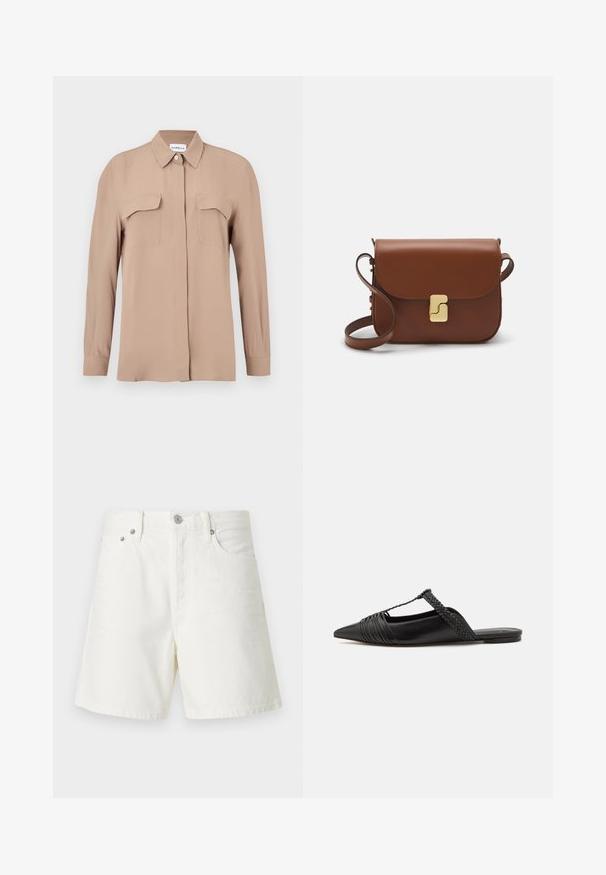 Bež dolga srajca z dolgimi rokavi iz lahkotnega blaga. Ima dva prsna žepa in klasičen ovratnik, s pravim krojem in minimalističnim dizajnom.; Beli džins kratke hlače s ravnim krojem, pet žepnim oblikovanjem, sprednjim gumbom za zapiranje, srebrnimi dodatki in vticami.; Črne usnjene sandale s priponko, koničastim nosom in tkano dekoracijo ter gubanjem na zgornjem delu. Ravna podplata z minimalno opremo.; Rjava usnjena torbica s poklopcem, zlato obarvani okovi, naramnica in gladka tekstura. Kompaktna pravokotna oblika.