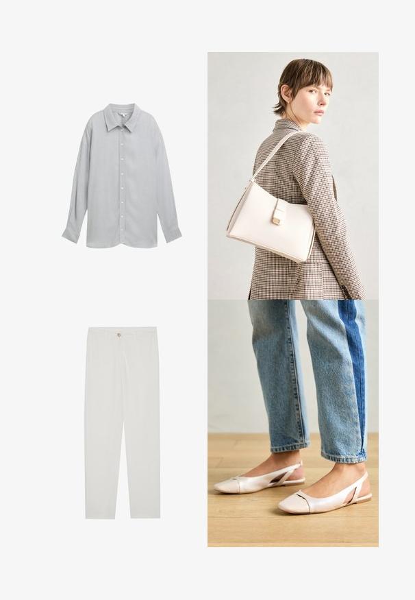 Siva srajca z dolgimi rokavi in gumbi, z ovratnikom, izdelana iz lahkega materiala, z rahlo teksturo in belimi gumbi.; Bela, krojena hlače z ravnimi nogami, ki vključujejo gumbasto zapiranje, zanke za pas in stranske žepe; gladka tekstura tkanine.; Svijetloružičaste slingback balerinke s šiljastim nožnim prstima, napravljene od glatkog materijala nalik koži. Imaju izrezane detalje sa strane i ravne pete.; Bela usnjena torba s strukturirano zasnovo, opremljena z magnetnim zapiranjem in naramnico, prikazana na nevtralni ozadju.