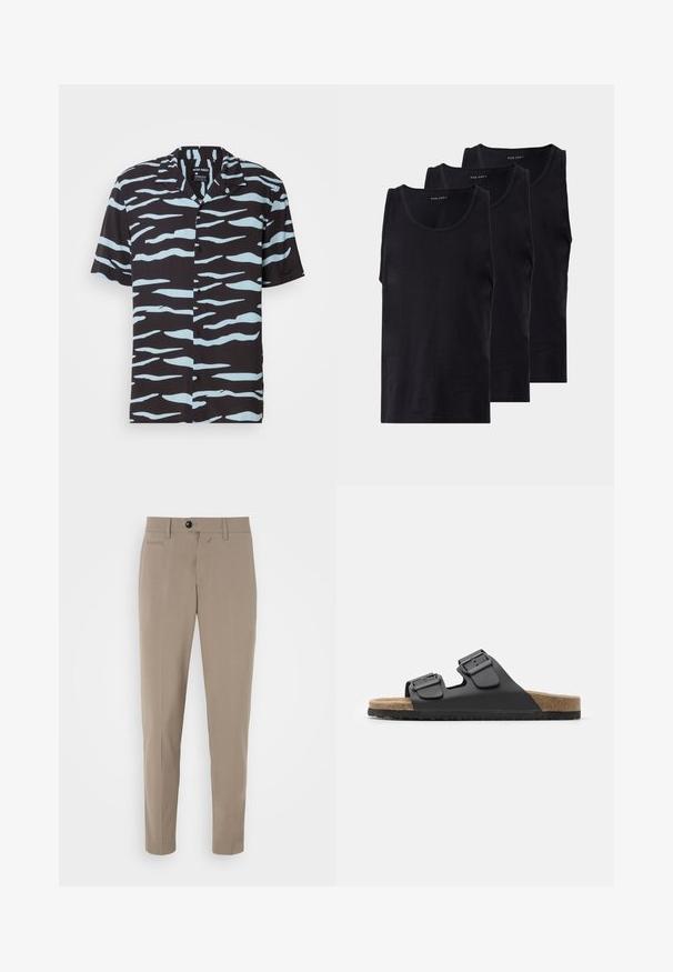 Kortermet skjorte i svart stoff med et bølgemønster i lyseblått. Har en klippekantkrage og knappelukking foran.; Sorte svarte bomullstanktopper i en pakke på tre, med rund halslinning og ermeløs design, glatt tekstur og klassisk passform.; Beige skreddersydde bukser med slim fit, glidelås og en frontlomme. Laget av et glatt stoff med et klart utseende.; Svart kile sandal med to justerbare spenner, teksturert fotseng og korklignende såle. Har et flatt, bredt design for komfort.
