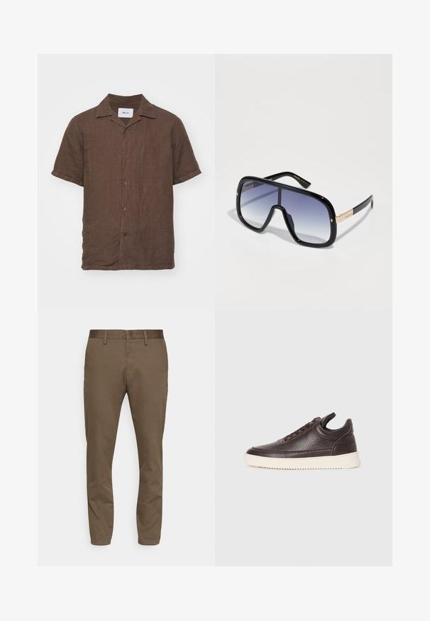 NN.07 JULIO - Chemise - brown; Pantalon en tissu extensible marron avec une coupe slim. Équipé d'une taille lisse, de passants de ceinture et de deux poches avant.; Baskets en cuir texturé brun foncé avec un dessus à lacets et une semelle en caoutchouc blanc striée sur un fond clair et uni.; Lunettes de soleil surdimensionnées noires avec une lentille dégradée violette, finition brillante et accents dorés sur les branches. Forme de cadre rectangulaire.