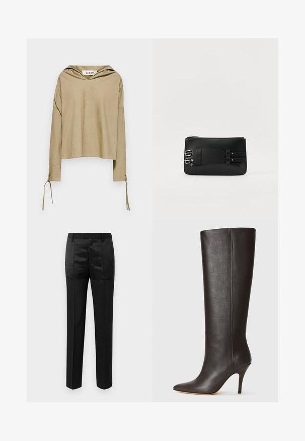 Μπεζ φούτερ με κουκούλα και μακριά μανίκια, που διαθέτει V-λαιμόκοψη και δεσίματα στους καρπούς, κατασκευασμένο από ελαφρύ ύφασμα.; Μαύρο κομμένο παντελόνι με ίσια πόδια και ζώνη με θηλιές, που διαθέτει έναν συνδυασμό ματ και γυαλιστερών πάνελ υφάσματος.; Μαύρη δερμάτινη μπότες μέχρι το γόνατο με μυτερή μύτη, κομψό σχέδιο και λεπτό ψηλό τακούνι. Λείος υφασμάτινος τύπος και ελάχιστες λεπτομέρειες.; Μαύρη δερμάτινη τσάντα χειρός με λεία υφή, διαθέτοντας μεταλλικά αξεσουάρ και λεπτομέρεια με ιμάντα αγκράφας στο πίσω μέρος. Κλείσιμο με φερμουάρ στο επάνω μέρος.