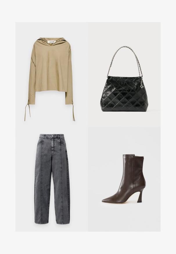 Béžová mikina s kapucňou a dlhými rukávmi, s V-výstrihom a viazacími detailami na manžetách, vyrobená z ľahkého materiálu.; Vysoký pás šedé oprané džínsy s prednými a bočnými vreckami, zapínanie na gombík a viditeľné vertikálne švy.; Tmavohnedá kožená čižma po lýtka s špicatou špičkou, zakriveným štíhlym opätkom a hladkým povrchom na bielom pozadí.; Čierna prešívaná kožená kabelka so strieborným retiazkovým uchom, ktorá má štruktúrovaný dizajn a hladkú textúru.