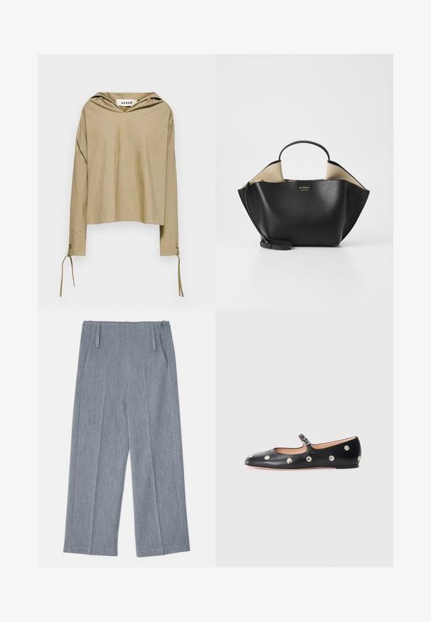 Beige hooded top with long sleeves, featuring a V-neckline and tie details at the cuffs, made from lightweight fabric.; Light gray, wide-leg trousers made of textured fabric, featuring two front pleats and two side pockets. Clean, tailored design.; Black leather Mary Jane flat shoe with a rounded toe, featuring silver circular studs and an adjustable strap with a buckle.; Ree Projects ANN TOTE MINI - Handbag - black