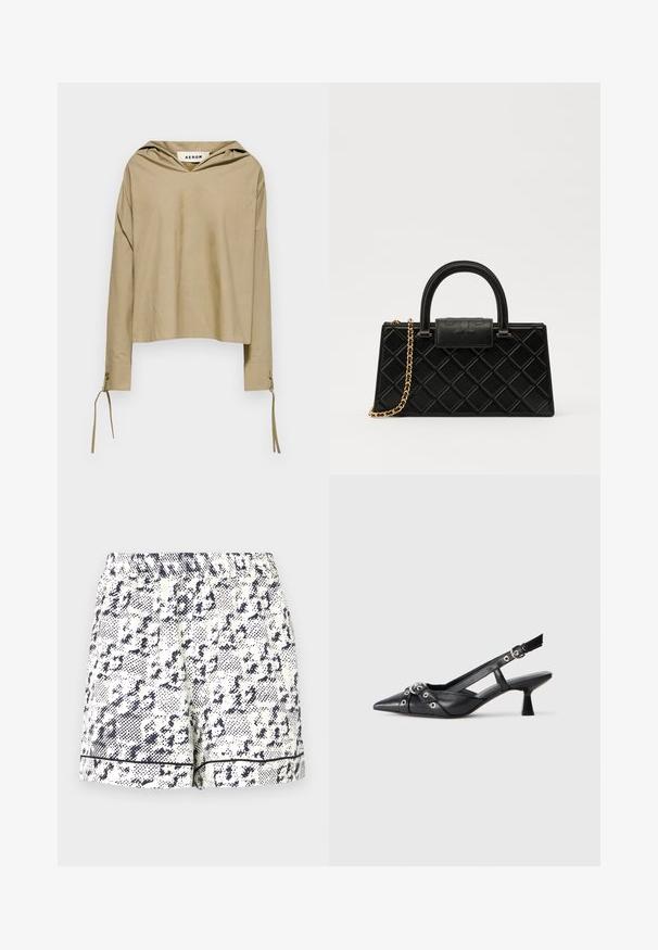 Bēša kapuces krekls ar garām piedurknēm, ar V veida kakla izgriezumu un saites detaļām uz piedurknēm, izgatavots no viegla auduma.; Balti šorti ar melnu abstraktu rakstu, elastīgu jostasvietu un vienkrāsainu melnu apdari gar malu. Izgatavoti no viegla auduma.; Melnas ādas šlipsveida kurpes ar norādītu purngalu, dekoratīvām joslām ar metāla acīm un zemu bloku papēdi. Teksturēta virsma.; Melnā rokassomiņa, kas izgatavota no teksturētas ādas, ar dimanta rakstu, zelta toņa ķēdes siksnu un augšējo rokturi ar logo reljefā slēgšanu.