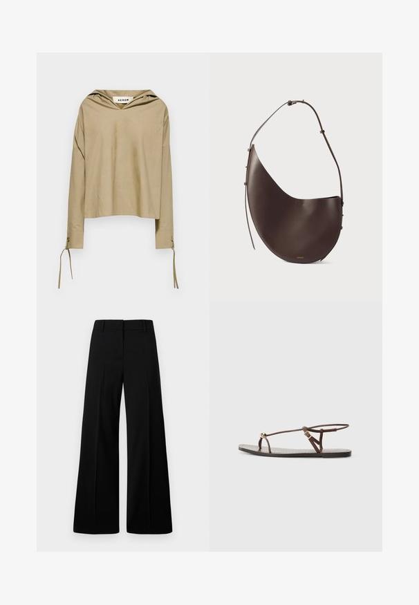 Hanorac bej cu glugă și mâneci lungi, având un decolteu în V și detalii cu șnur la manșete, realizat dintr-un material ușor.; Pantaloni negri cu croi larg, cu o textură netedă, talie structurată și pliseuri frontale. Design minimalist fără accesorii vizibile.; Sandale din piele maro cu bretele subțiri, un accent circular auriu și o talpă plată. Design minimalist cu un detaliu de cataramă ajustabil.; Geantă din piele maro cu o formă curbată, curea unică și un design minimalist. Prezintă un logo subtil și accente din aur.
