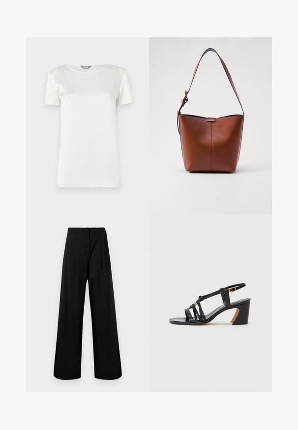 White short-sleeve blouse made of smooth satin with a round neckline and minimal stitching. Clean, simple design with a soft texture.; Black wide-leg trousers made of smooth fabric, featuring a high waist and pleated detailing. No visible embellishments or patterns.; Paul Smith AMIRA - Classic heels - black; Brown leather shoulder bag with a curved shape, smooth texture, and a single thin strap. Features a subtle seam and a small logo detail.