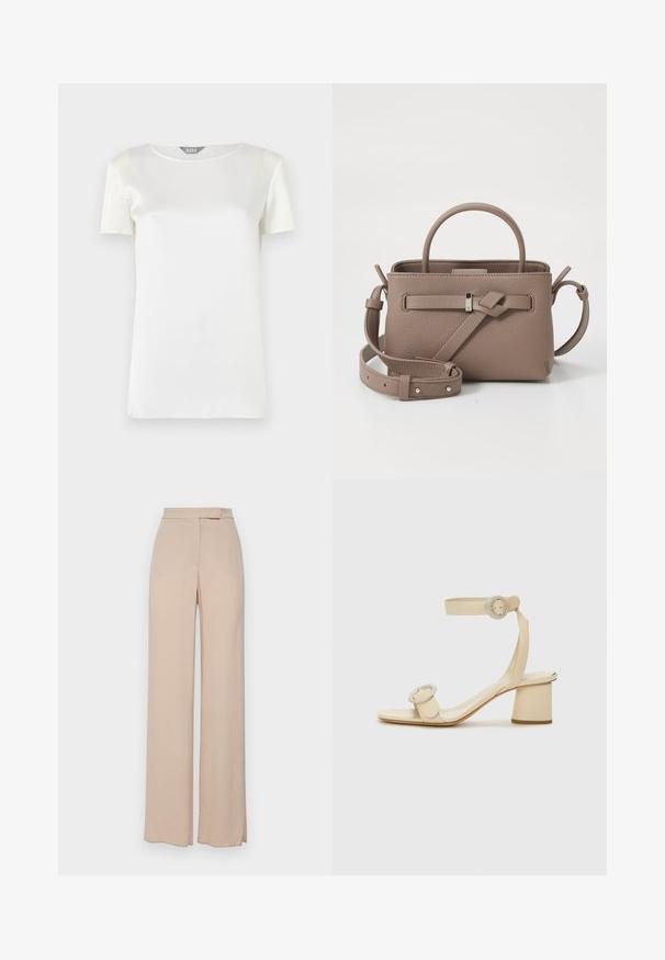 Bílá krátká blůza s krátkým rukávem vyrobená z hladkého saténu s kulatým výstřihem a minimálním šitím. Čistý, jednoduchý design s jemnou texturou.; Beige kalhoty s širokými nohavicemi vyrobené z lehkého materiálu. Mají hladký povrch, přední kapsy a decentní design pasu.; Béžové sandály na podpatku se čtveratou špičkou, nastavitelným páskem kolem kotníku a dvěma kulatými ozdobnými sponami. Hladká kožená textura a blokový podpatek.; Taupe texturovaná kožená kabelka s horním uchopem, nastavitelným ramenním popruhem a dekoračním detailem uzlu na čistém bílém pozadí.