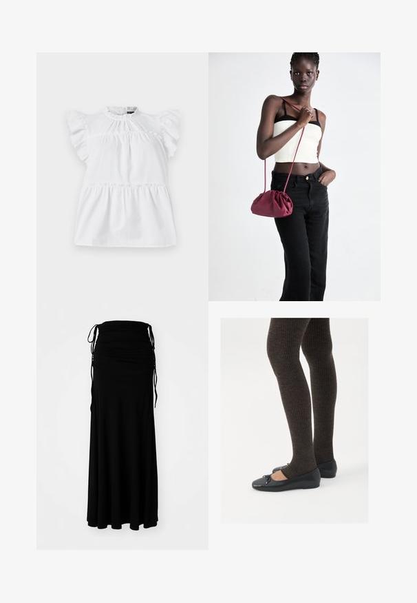 Hvit bomullsbluse med volanger på kortermene, rund hals, rynket midje og tiered design. Glatt tekstur, enkel stil.; Svart, ankel-lang kjole laget av myk, elastisk stoff med rynket midje og justerbare snorer på sidene, som skaper en flytende silhuett.; Sorte flate sko med en liten sløyfedetalj på tåen, kombinert med mørkebrune ribbede strømpebukser. Skoene har en glatt overflate og lav profil.; Burgunderfarget myk stoffhåndveske med en samlet design og en lang stropp, båret som en crossover. Modellen har på seg en hvit crop-top og svarte jeans.