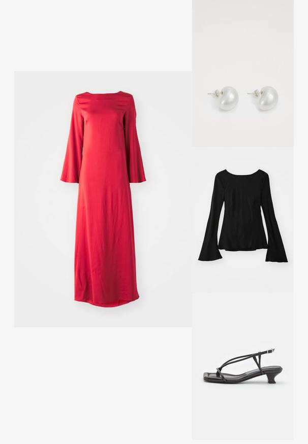 Top nero a maniche lunghe con scollo a giro. Presenta maniche svasate e una vestibilità leggermente ampia. Realizzato in un tessuto morbido ed elastico.; Lungo abito rosso in tessuto leggero, con scollo a bateau e ampie maniche a campana. Texture liscia con silhouette dritta.; Sandalo in pelle nera con cinturini sottili, tacco basso a blocco e punta quadrata. Presenta una chiusura con fibbia e una superficie liscia.; Borsa a tracolla in pelle nera a forma di mezzaluna, superficie texturizzata, zip dorata e tracolla piatta. Design compatto adatto per gli essenziali.; Orecchini in perla argentata con forma curva a fagiolo. Superficie liscia e lucida, fissati con chiusura a perno e retro.