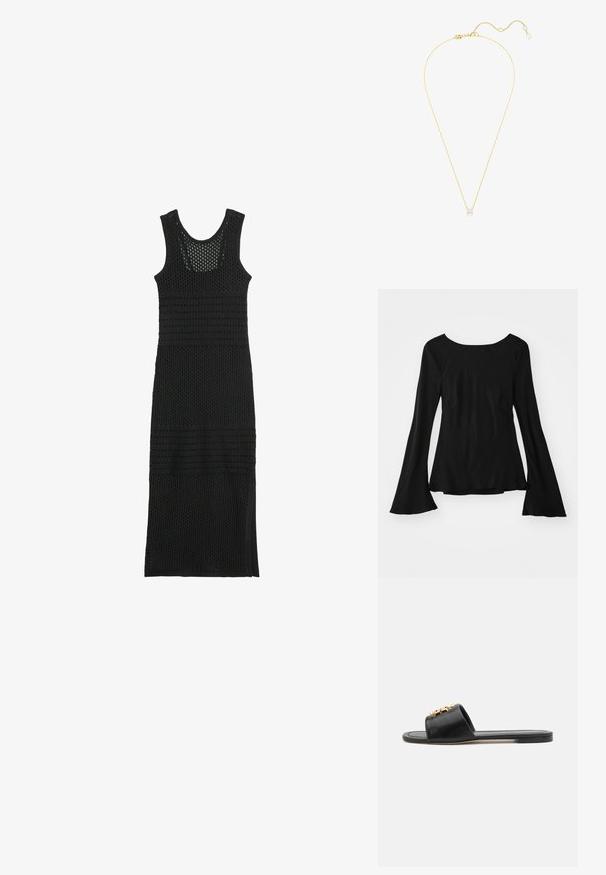 Mustapaita pitkillä hihoilla, jossa on pyöreä kaula-aukko. Ominaisuuksina levenevät hihat ja hieman reilu mitoitus. Valmistettu sileästä, joustavasta kankaasta.; Mustat virkatut maksi-puserot, joissa on pyöreä kaula-aukko, avoimia neuleosioita ja vaakasuoria nauhoja. Polven keskikohtaan ulottuva pituus ja sivuraot.; Mustat nahkakengät, joissa on avoin varvas, litteä pohja ja koristeellinen kultainen yksityiskohta yläosassa. Sileä pinta yksinkertaisella suunnittelulla.; Mustakvadratisti nahkakäsine, jossa on kerätty yläosa, kultaketjuolkaimet ja suorakaiteen muotoinen rakenne, pidettyä yksinkertaista taustaa vasten.; Kultaketju kaulakoru, jossa on yksi timanttipendantti, hienostunut muotoilu ja teksturoitu ketju, säädettävä pituus, kimaltelee valossa.