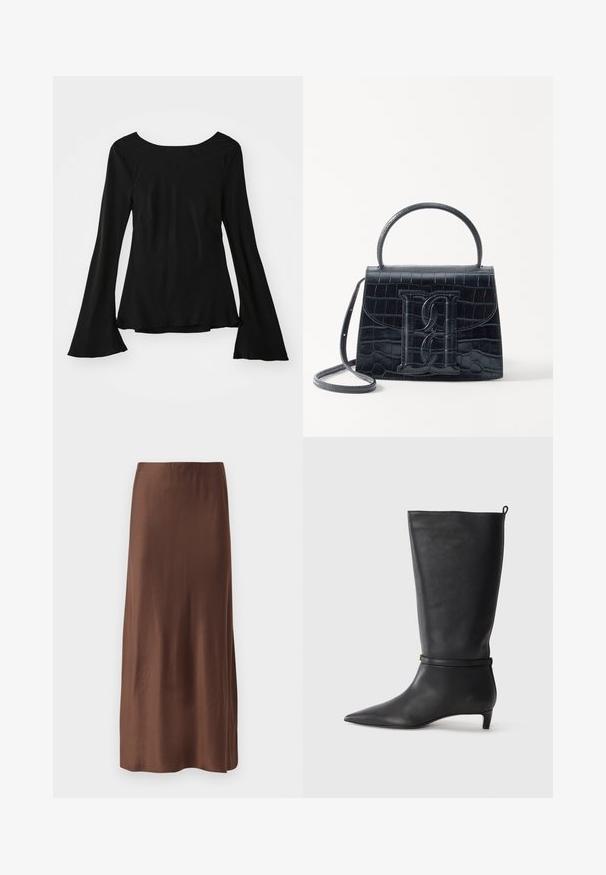Fekete, hosszú ujjú felső, kerek nyakkivágással. Széles ujjakkal és enyhén laza szabással rendelkezik. Simább, rugalmas anyagból készült.; Barna selyem midi szoknya sima textúrával, egyenes szabással, látható minták vagy díszítések nélkül. Egyszerű és elegáns dizájn.; Fekete bőr, térd fölé érő csizma, hegyes orral, kör alakú pánttal a bokán és alacsony, keskeny sarkú. Simára csiszolt textúra.; Fekete krokodilbőr hatású kézitáska, amelynek strukturált kialakítása van, felső fogantyúval, állítható pánttal és egy kiemelkedő elülső logó részlettel.