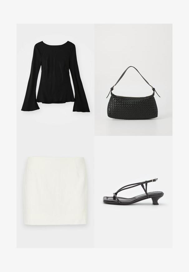 Top nero a maniche lunghe con scollo a giro. Presenta maniche svasate e una vestibilità leggermente ampia. Realizzato in un tessuto morbido ed elastico.; Gonna mini bianca in lino con taglio dritto, dotata di tasche laterali e una texture liscia. Nessun motivo o accento visibile.; Sandalo in pelle nera con cinturini sottili, tacco basso a blocco e punta quadrata. Presenta una chiusura con fibbia e una superficie liscia.; Borsa a spalla nera intrecciata con tracolla in pelle liscia e chiusura con zip. Presenta una superficie texturizzata e una forma curvata.