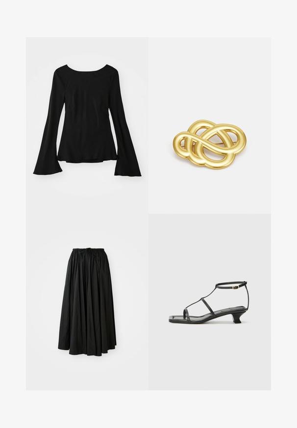 Top nero a maniche lunghe con scollo a giro. Presenta maniche svasate e una vestibilità leggermente ampia. Realizzato in un tessuto morbido ed elastico.; Gonna nera, di lunghezza alla caviglia, realizzata in tessuto leggero. Presenta una vita arricciata con cordino per una vestibilità regolabile e una silhouette svasata.; Sandalo in pelle nera con punta quadrata, cinturini sottili, cinturino alla caviglia regolabile e tacco basso. Presenta un piccolo accento dorato sul cinturino.; Spilla in oro con un design annodato caratterizzato da linee morbide e curve e una forma intricata, che riflette una finitura lucida.