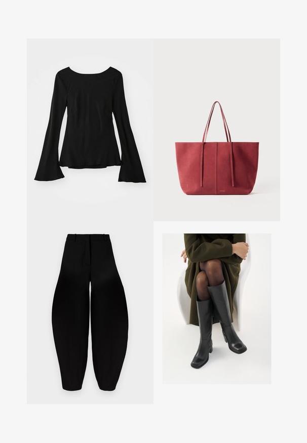 Čierny dlhý rukáv s okrúhlym výstrihom. Má rozšírené rukávy a mierne voľný strih. Vyrobený z hladkej, elastickej látky.; Čierne široké nohavice s vysokým pásom, skladaným predným dielom a užšími členkami. Vyrobené z hladkej látky s matným povrchom.; Čierne kožené čižmy po kolená so štvrtým prstom a blokovým opätkom, zobrazené s modelom sediacim v olivovo zelenej bunde. Hladká textúra, minimálne detaily.; Červená semišová taška s dvoma dlhými rúčkami, minimalistický dizajn a hladká textura, s centrálnym švom a jemným detailom loga.